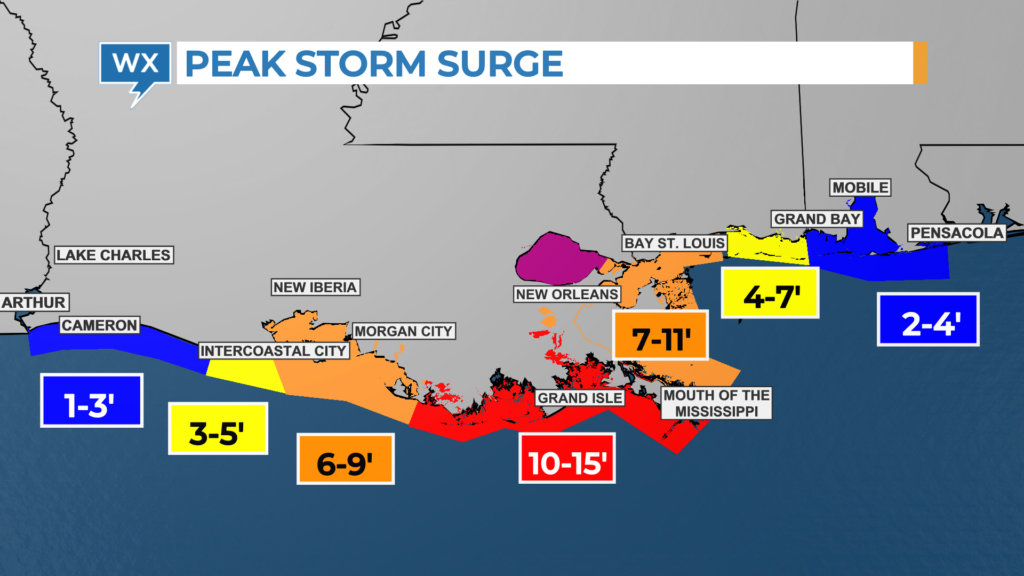 Map showing Tropical Storm Surge using different colors
