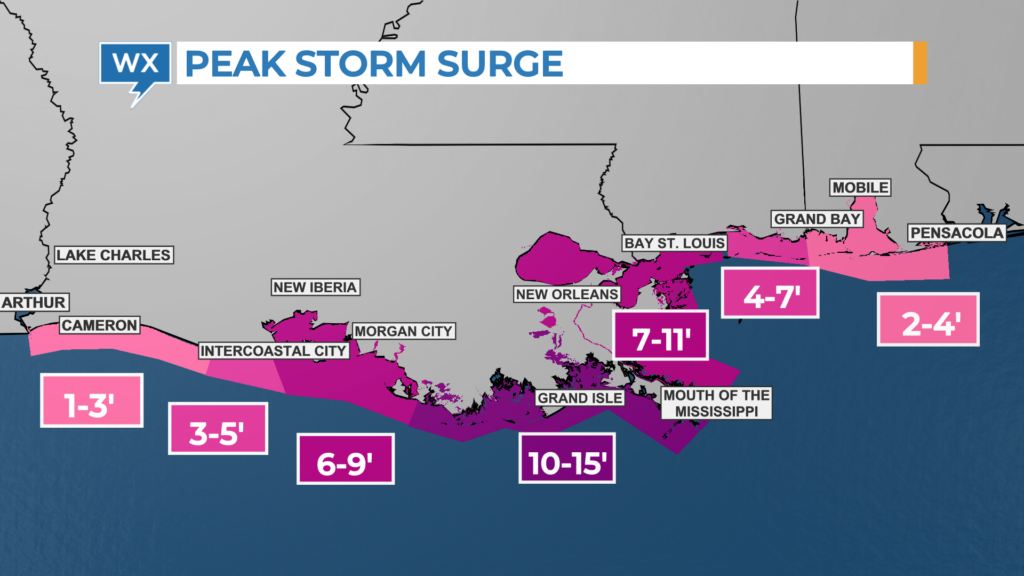 Map showing Tropical Storm Surge in different shades of one color