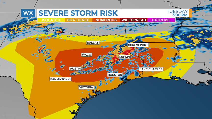 Example of weather map showing future radar and risk of severe weather.