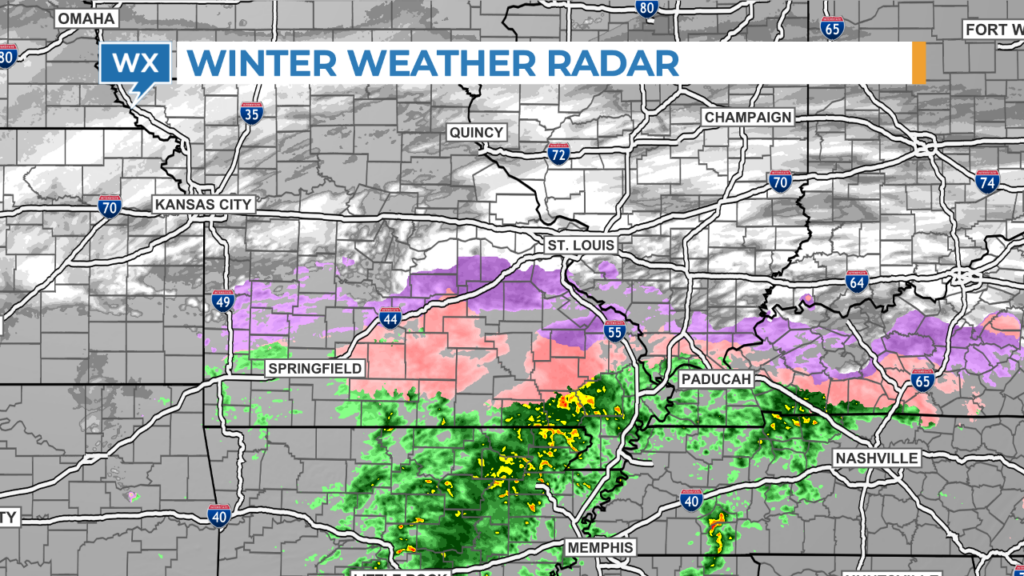 Sample weather map showing a mix of wintery precipitation. Data provided by The Weather Company.