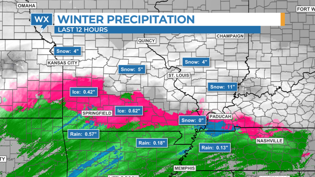 Sample weather map showing accumulation of snow, ice, and rain. Data provided by The Weather Company.