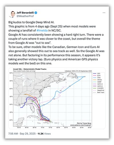 Twitter post showing the forecast track for Hurricane Imelda.