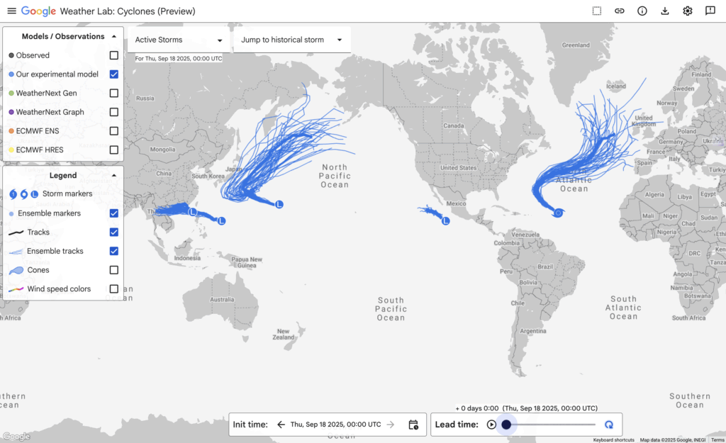 Screenshot of Google's DeepMind tropical cyclone tracking tool