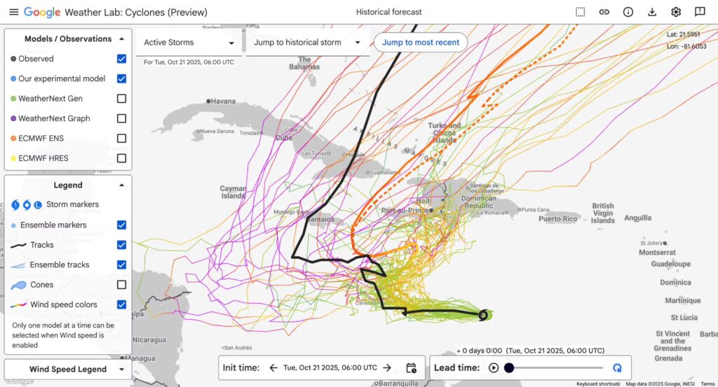 Google DeepMind forecast tracks for Hurricane Melissa
