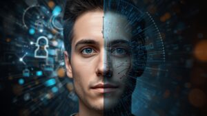 Artistic image showing a half-human and half-AI concept.