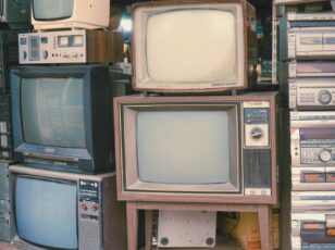 Picture showing stack of old TVs